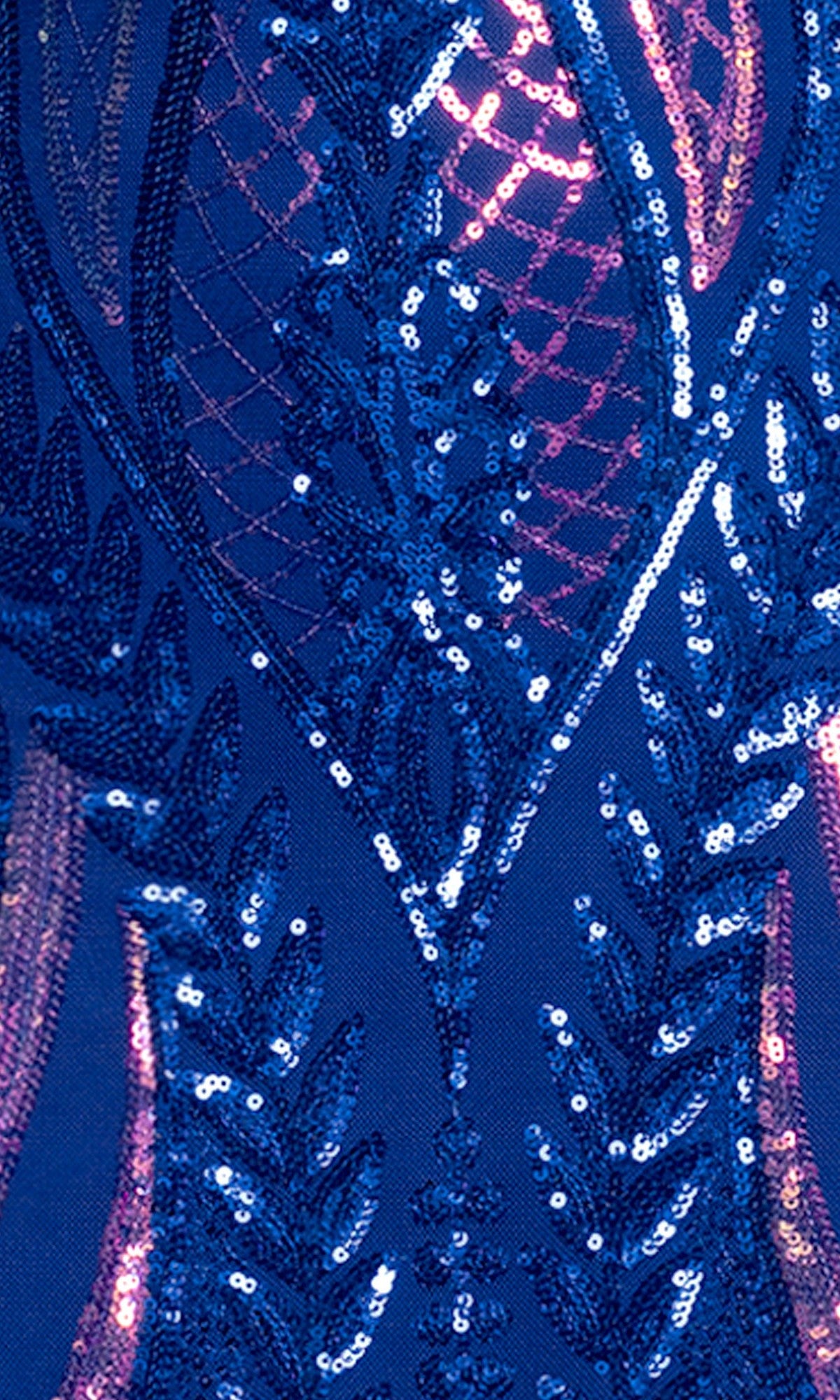 Close-up of the Blondie Nites 5888BN long prom dress in royal blue, featuring intricate blue and pink sequin embroidery with geometric and leaf-like patterns.